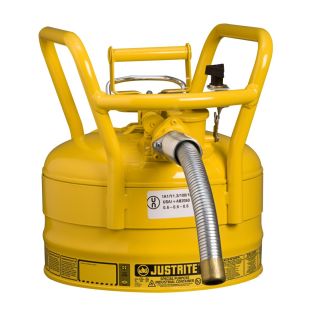 Justrite 7325230 Type 2 Accuflow D.O.T. Yellow Steel Safety Can for Diesel - 2.5 Gallon - 1" Metal Hose