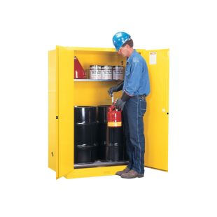Justrite 899070 - 60 Gallon Self-Close Sure-Grip EX Vertical Drum Cabinet with Drum Rollers