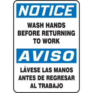 Accuform OSHA Notice Safety Sign: Wash Hands Before Returning To Work - English / Spanish Bilingual