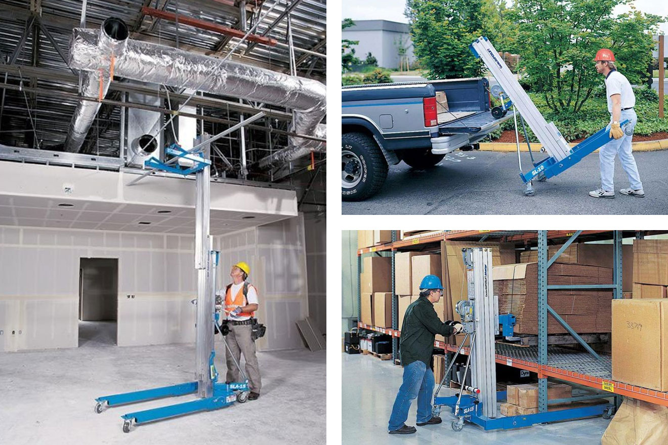 a photo collage of Genie SLA lifts in action