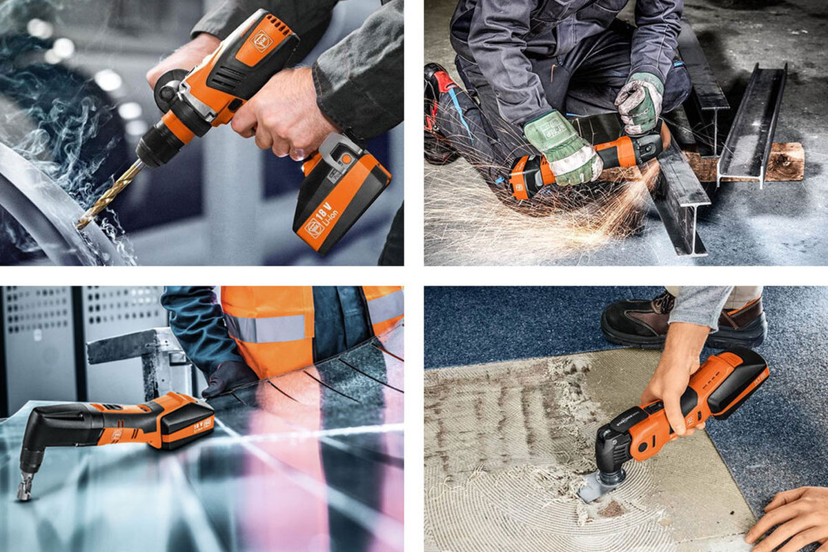 a collage of photos of Fein tools in action