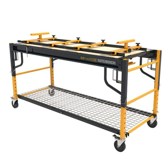 Metaltech CISCWB ScaffoldBench™ Workbench with Miter Saw Stand on One Side and Plywood Deck on the Other Metaltech CISCWB ScaffoldBench™ Workbench with Miter Saw Stand on One Side and Plywood Deck on the Other